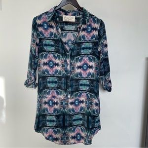 Rory Beca 100% Silk Tunic Top Teal Turquoise Purple Green Tie-Dye Marble Shirt